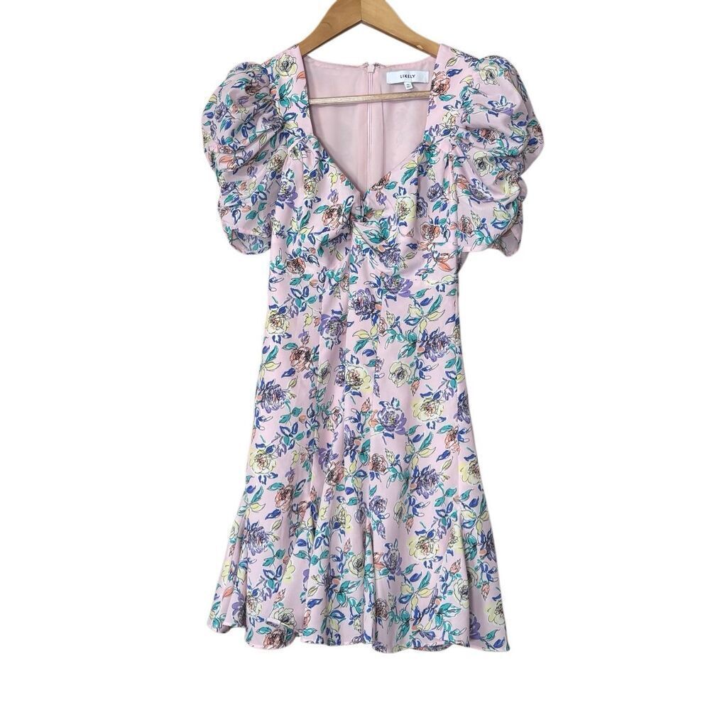 Likely Emmy dress pink roseshadow multi puff sleeve a-line mini lined